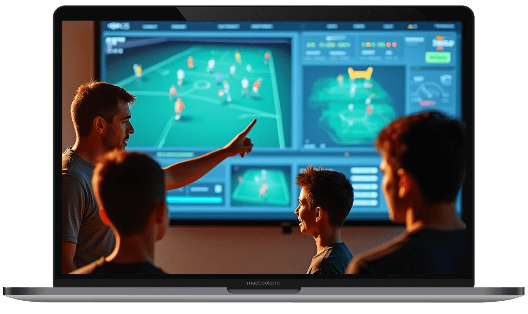 Laptop mockup displaying AI coaching and training tools